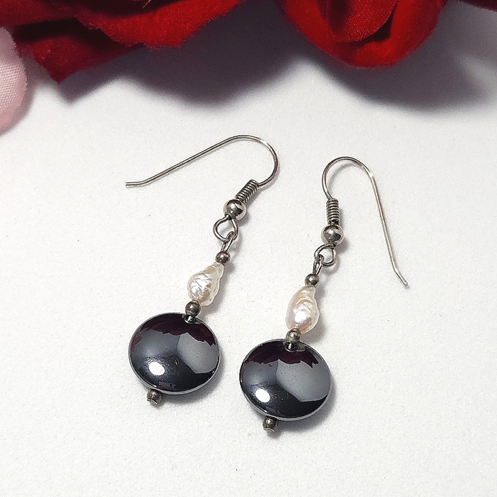 Handmade Genuine Pearl & Hematite Stone Dangle Earrings